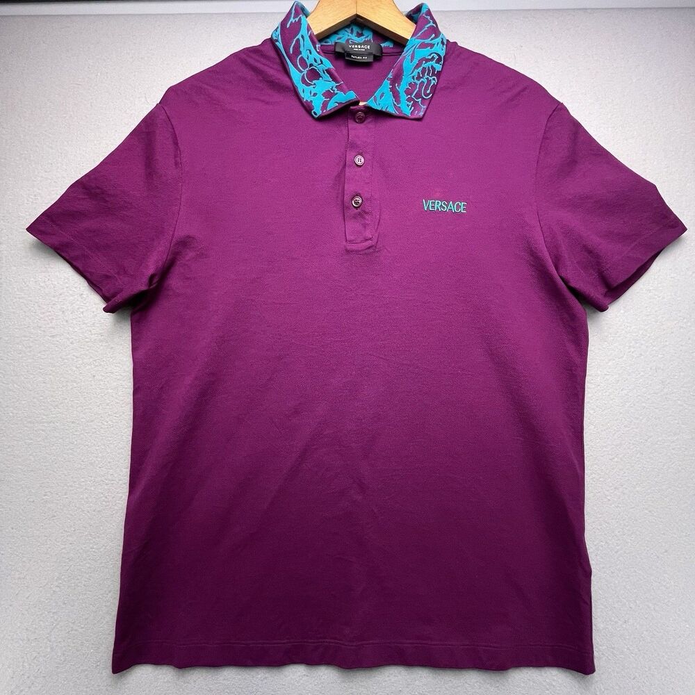 Versace Polo Shirt Men's L Purple Textured Collar Short Sleeve Chest Logo Knit - Picture 2 of 13